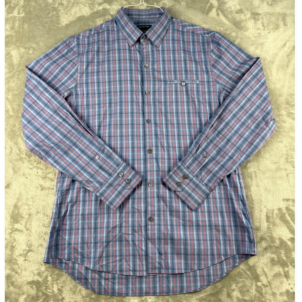 Zachary Prell Shirt Mens M Plaid Blue Red Button-Down Stretch EUC